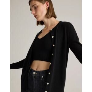 Quince Wm’s Mongolian Cashmere Cardigan Black Mother of Pearl Shell Buttons